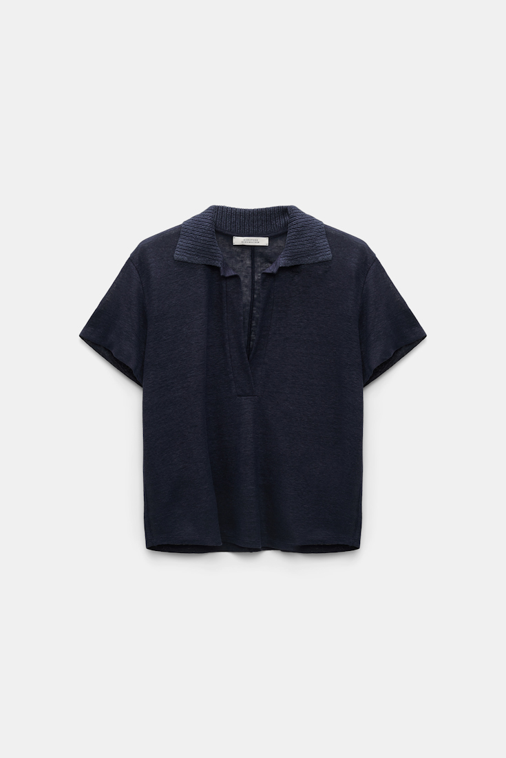 Dorothee Schumacher Hemp polo shirt with ribbed knit collar dark navy