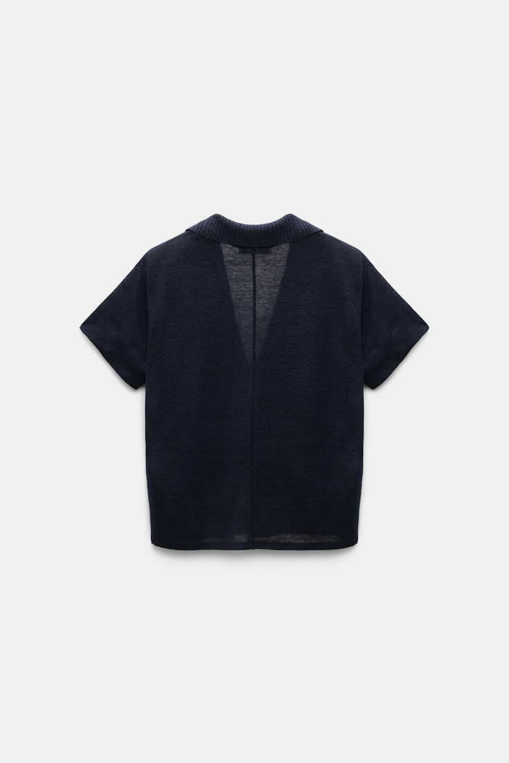 Dorothee Schumacher Hemp polo shirt with ribbed knit collar dark navy