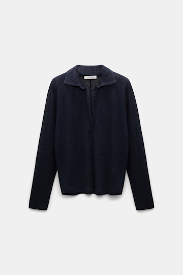 Dorothee Schumacher Langarmshirt aus Hanf mit geripptem Strickkragen dark navy