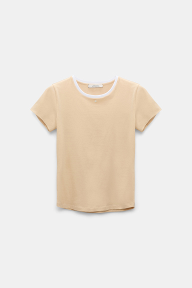 Dorothee Schumacher Rundhalsshirt mit kontrastierendem Bündchen und D-Rose Detail baby camel