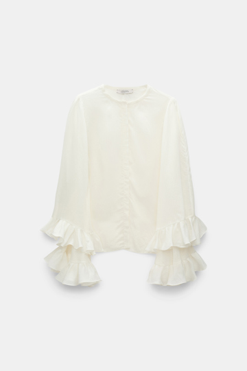 Dorothee Schumacher Bluse aus gestreiftem Seide-Viskose Organdy Voile mit Volants camellia white