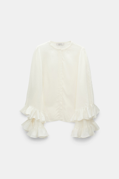 Dorothee Schumacher Bluse aus gestreiftem Seide-Viskose Organdy Voile mit Volants camellia white