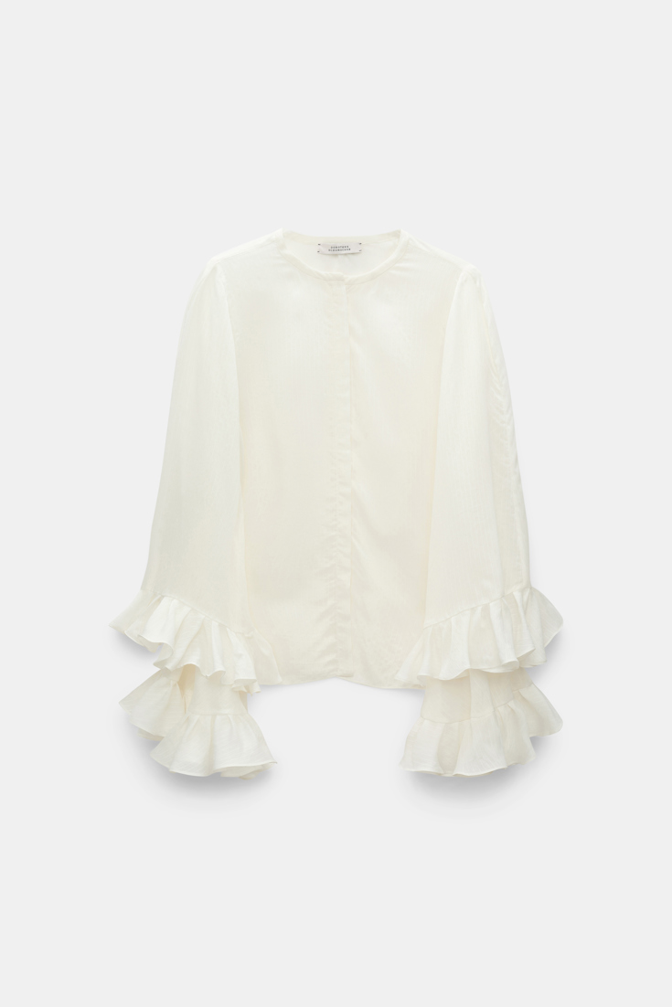 Dorothee Schumacher Bluse aus gestreiftem Seide-Viskose Organdy Voile mit Volants camellia white