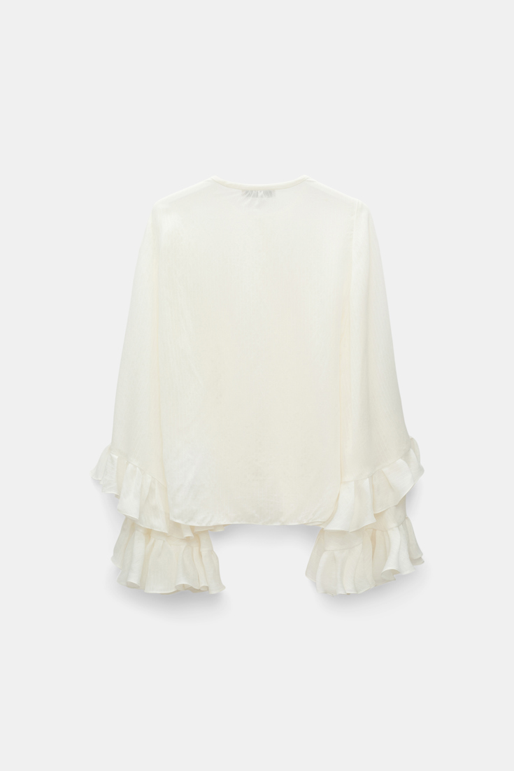Dorothee Schumacher Bluse aus gestreiftem Seide-Viskose Organdy Voile mit Volants camellia white