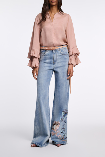 Dorothee Schumacher Bluse aus gestreiftem Seide-Viskose Organdy Voile mit Volants make up