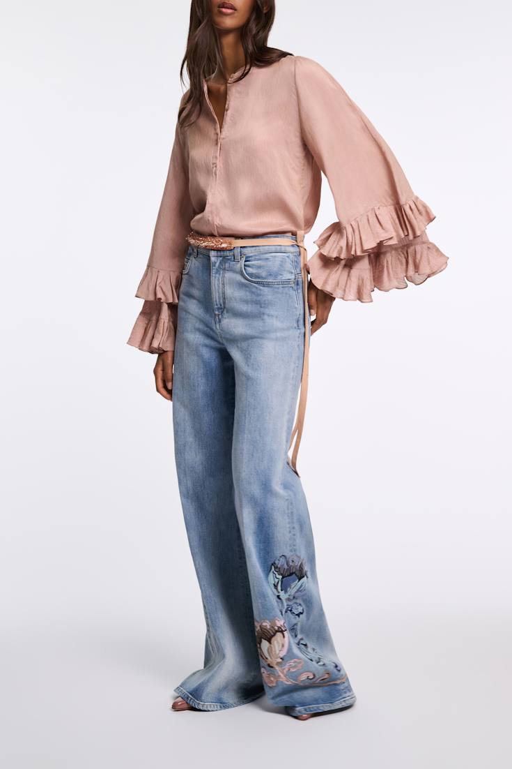 Dorothee Schumacher Bluse aus gestreiftem Seide-Viskose Organdy Voile mit Volants make up