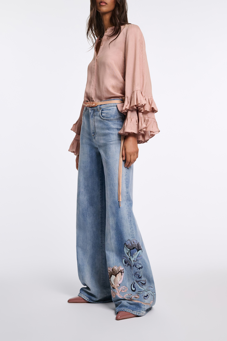 Dorothee Schumacher Bluse aus gestreiftem Seide-Viskose Organdy Voile mit Volants make up
