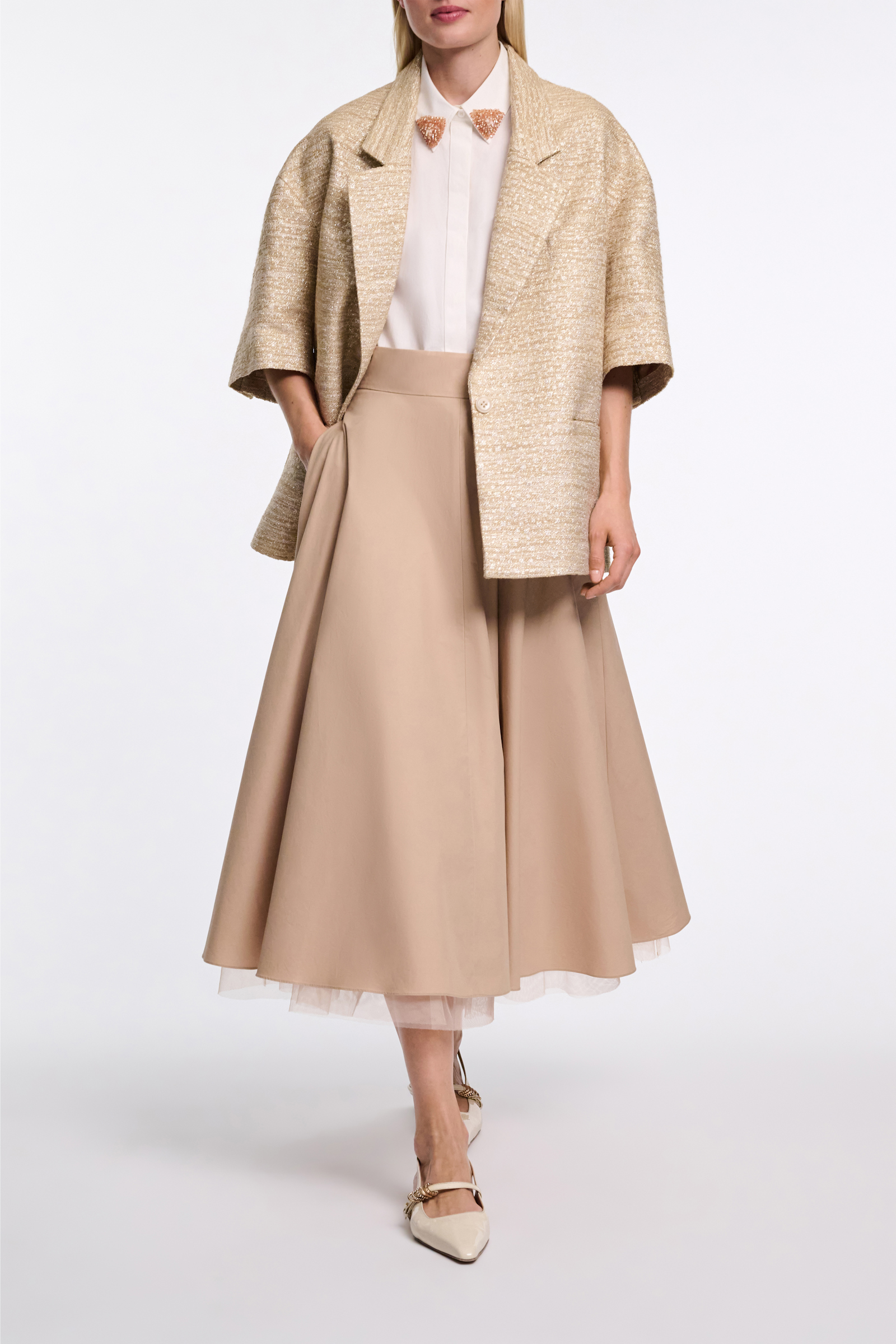 Dorothee Schumacher Lurex-tweed short sleeve jacket. shimmering sand