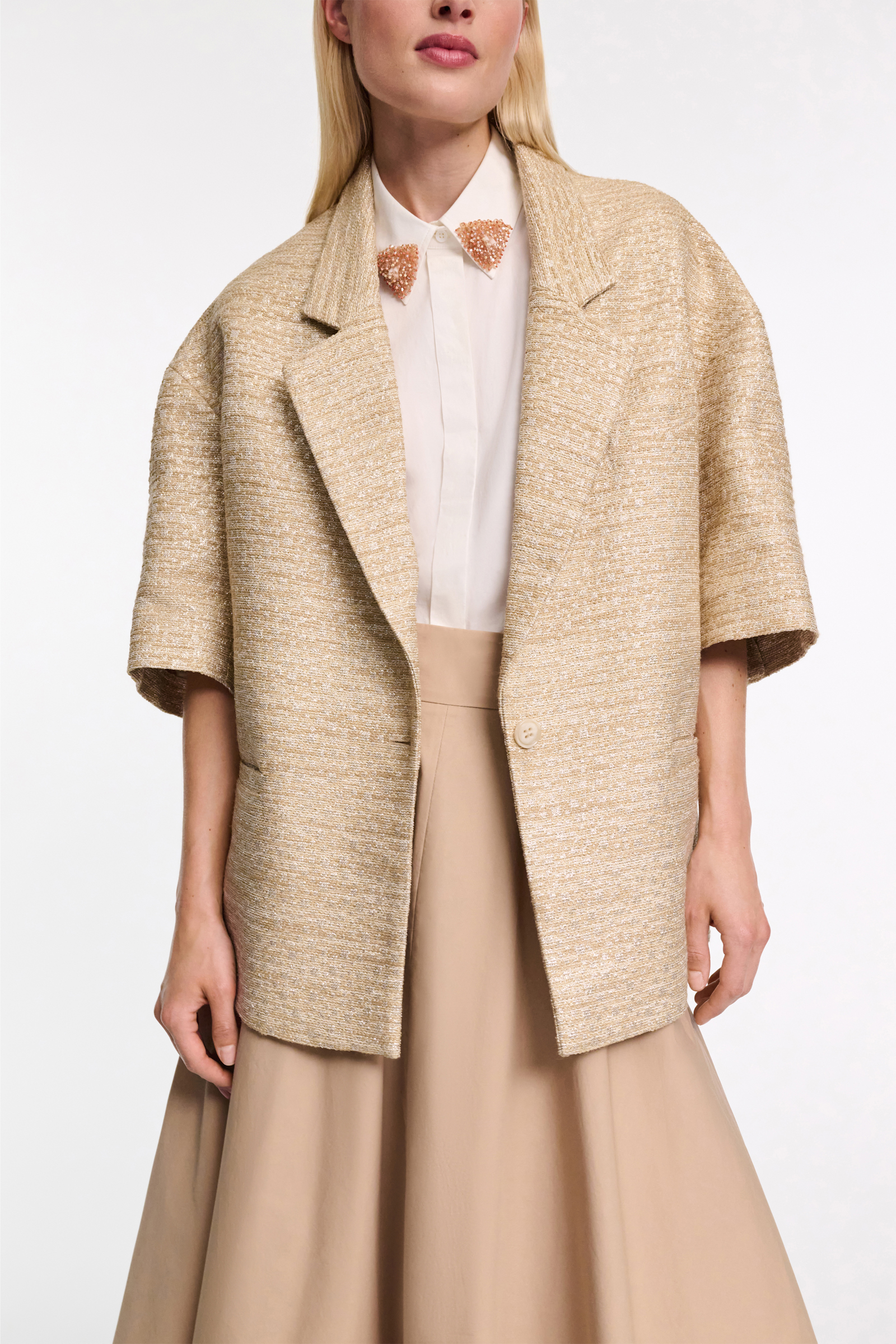 Dorothee Schumacher Lurex-tweed short sleeve jacket. shimmering sand