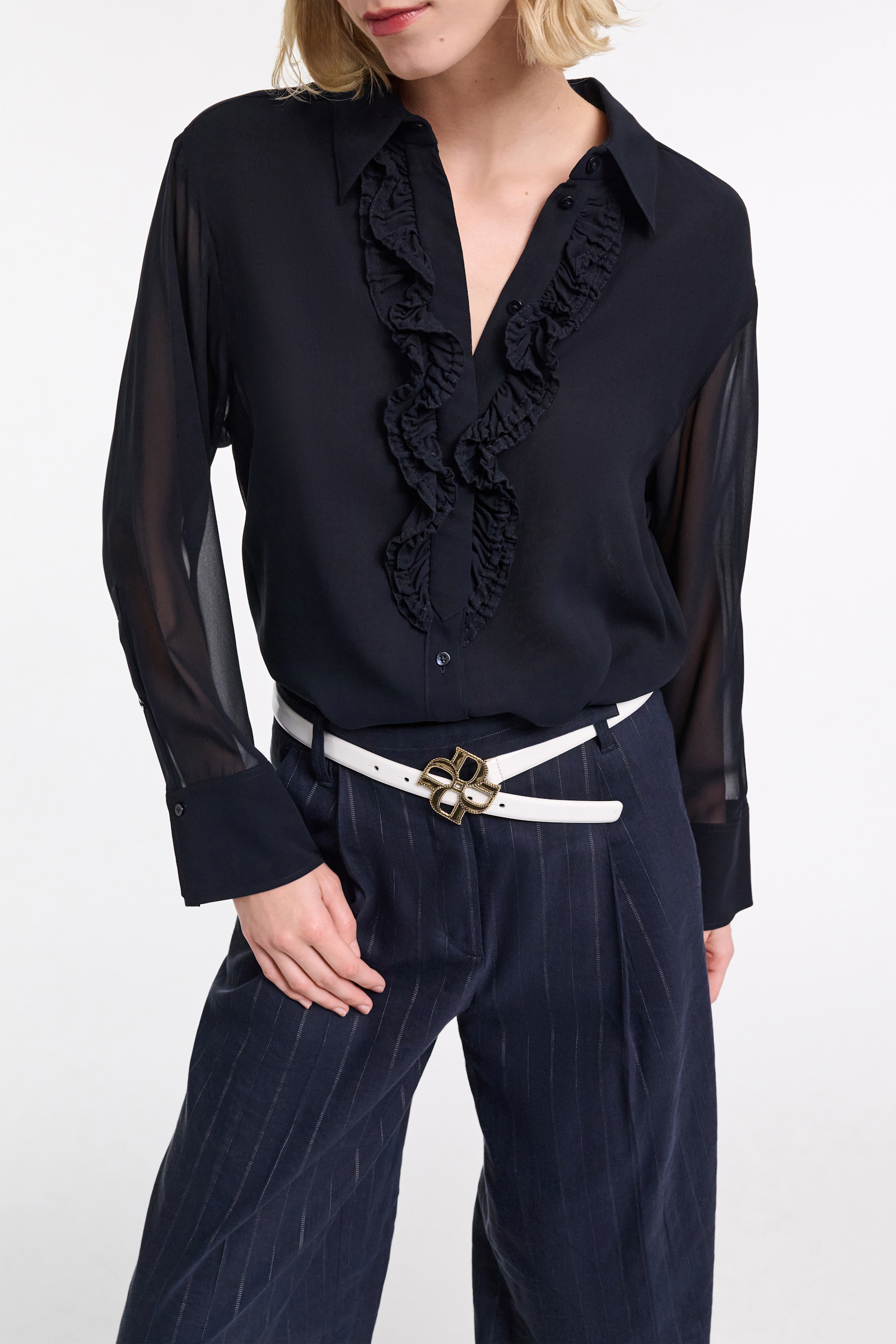 Dorothee Schumacher Hemd mit Ruffle-Detail aus Seiden-Georgette dark navy