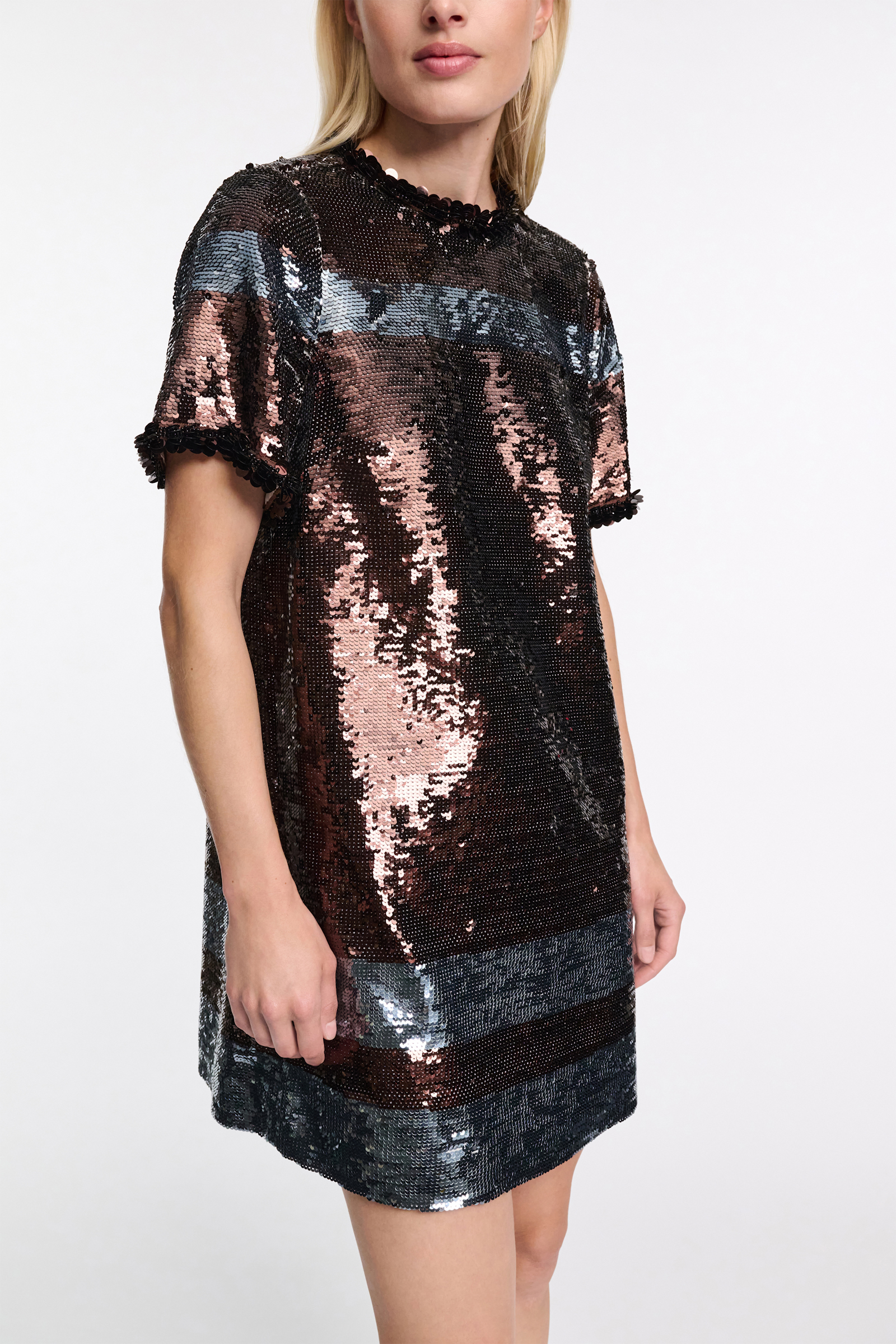 Dorothee Schumacher Gestreiftes, kurzes Shiftkleid aus Pailletten dark brown blue