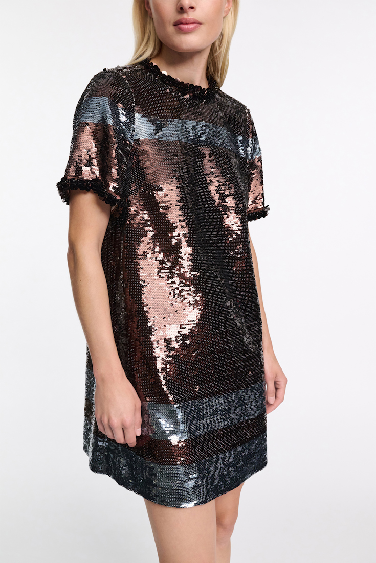 Dorothee Schumacher Gestreiftes, kurzes Shiftkleid aus Pailletten dark brown blue
