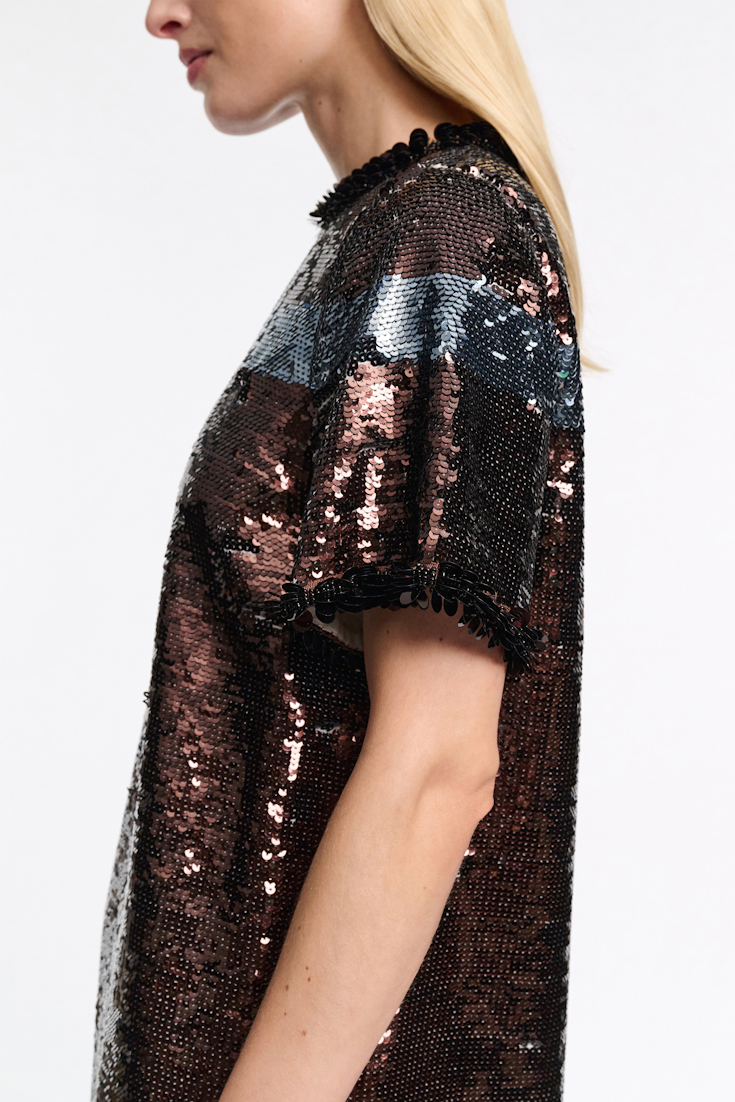 Dorothee Schumacher Gestreiftes, kurzes Shiftkleid aus Pailletten dark brown blue