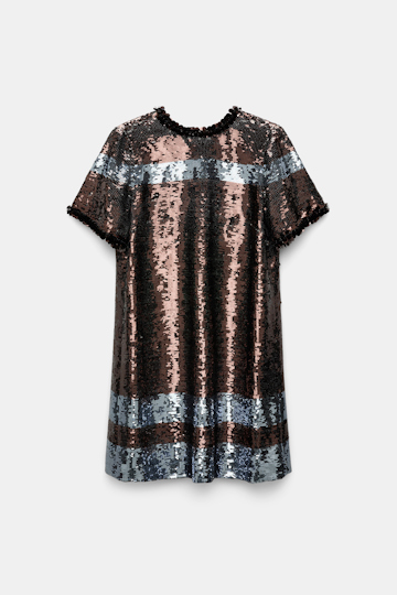 Dorothee Schumacher Gestreiftes, kurzes Shiftkleid aus Pailletten dark brown blue