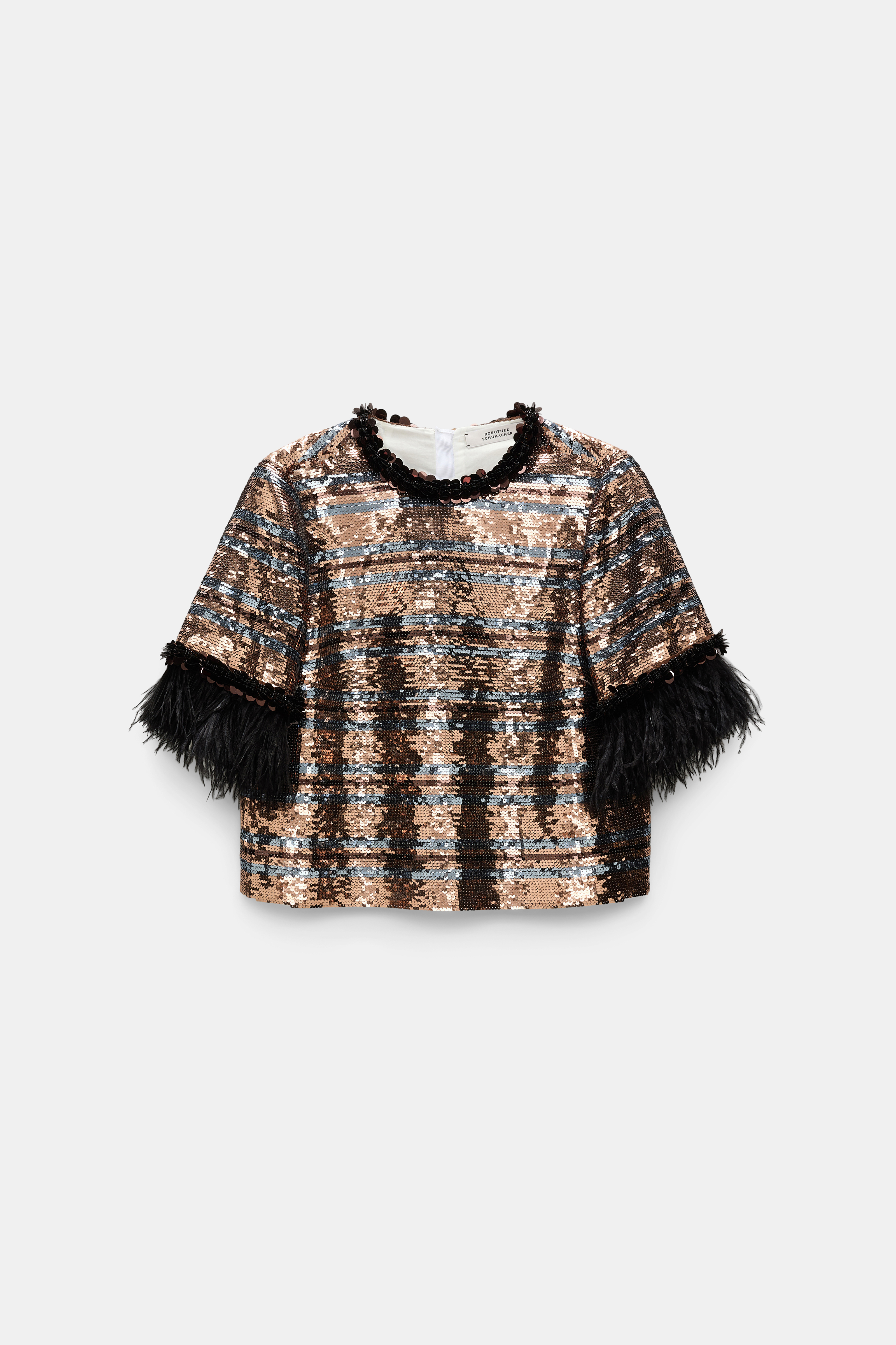 Dorothee Schumacher Striped sequin T-shirt with feather cuffs tan- malachite stripes