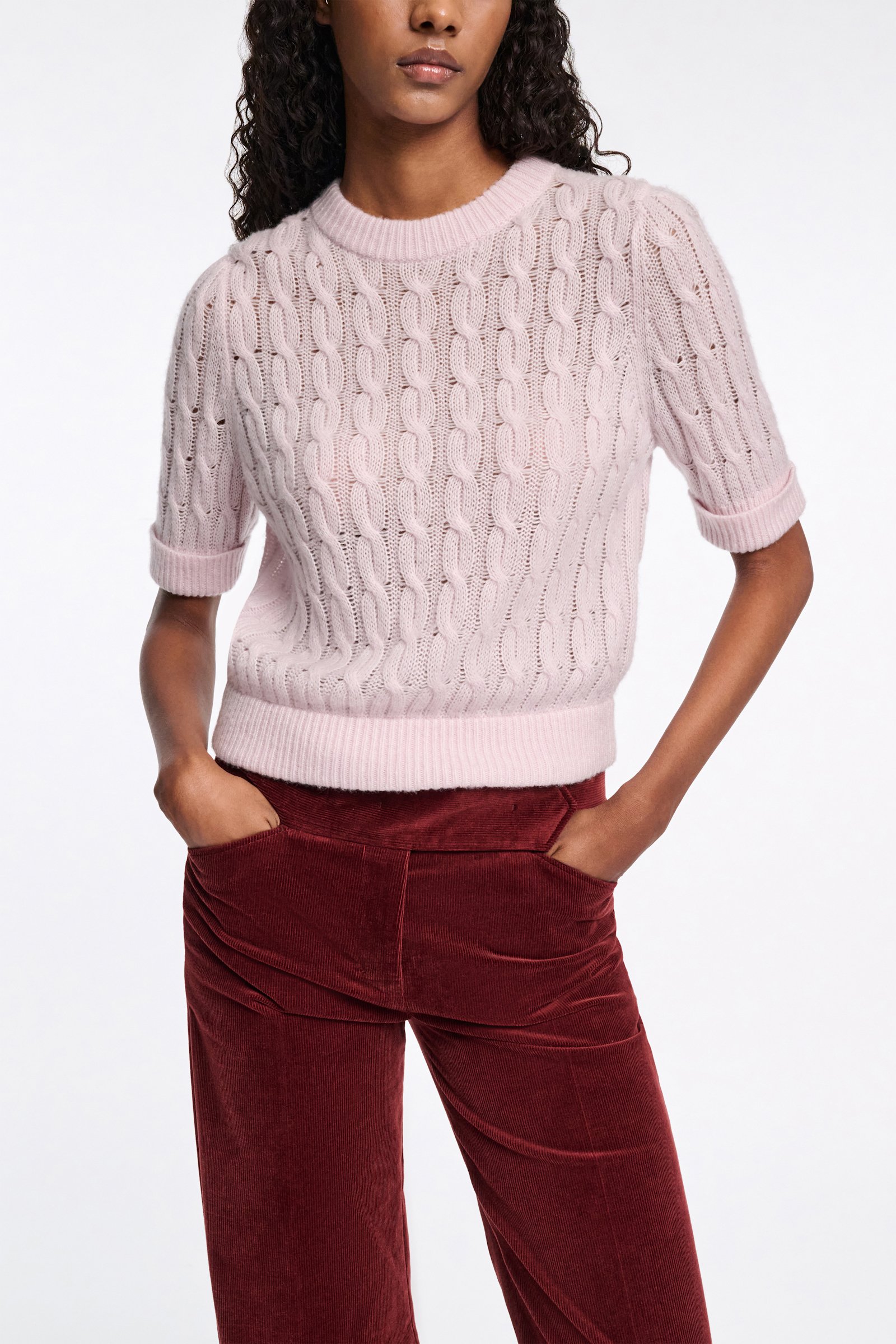 Dorothee Schumacher Rundhalspullover mit Zopfmuster und halbem Arm light rose