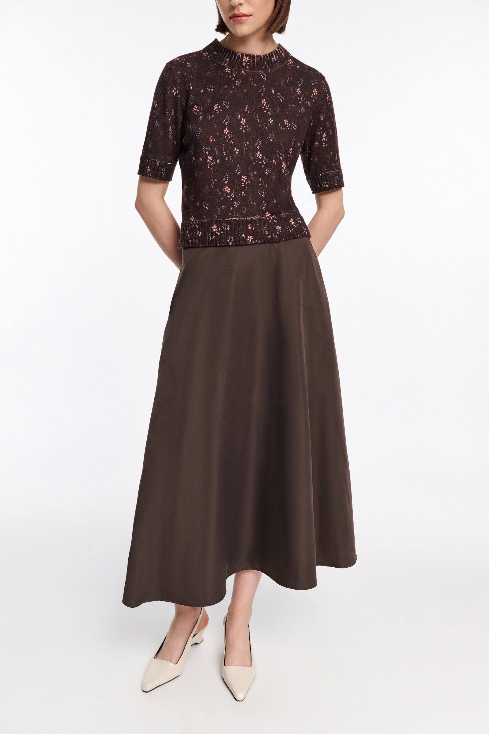 Dorothee Schumacher Wool-cashmere floral short sleeve pullover winter blossom dark brown