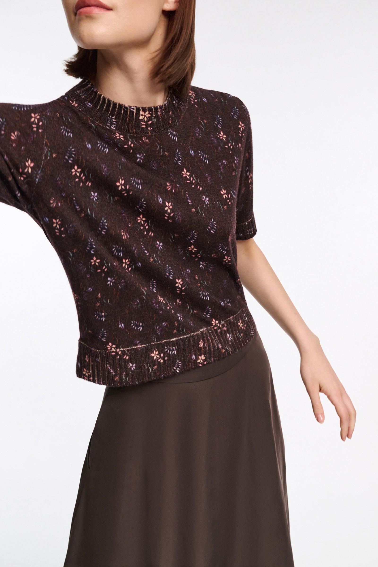 Dorothee Schumacher Wool-cashmere floral short sleeve pullover winter blossom dark brown