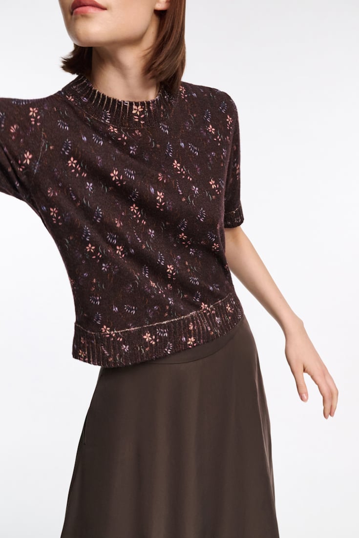 Dorothee Schumacher Wool-cashmere floral short sleeve pullover winter blossom dark brown