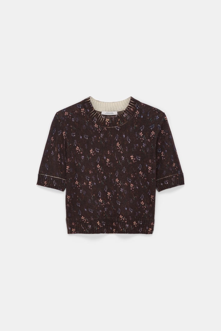 Dorothee Schumacher Wool-cashmere floral short sleeve pullover winter blossom dark brown