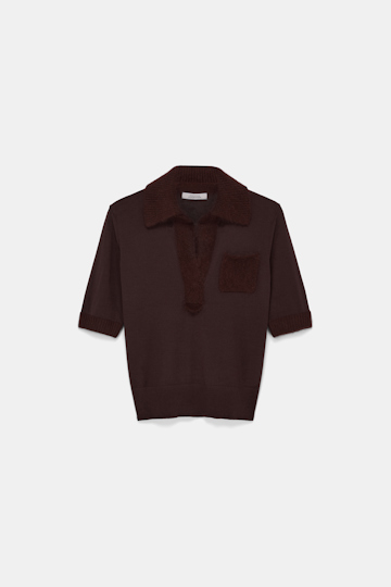 Dorothee Schumacher Virgin Merino open collar knit top dark chocolate