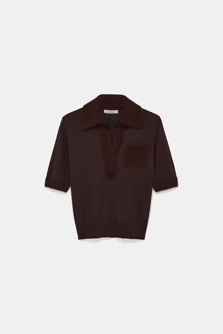 Dorothee Schumacher Virgin Merino open collar knit top dark chocolate