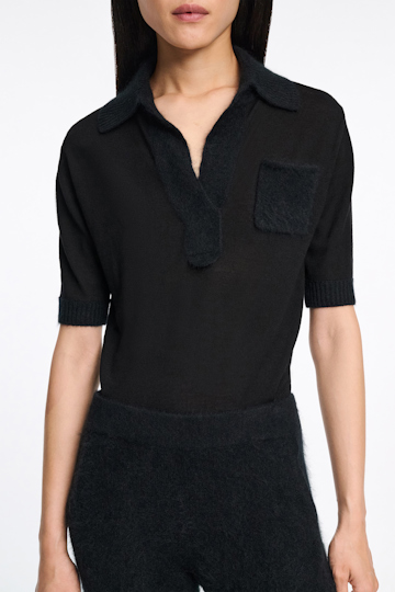Dorothee Schumacher Virgin Merino open collar knit top pure black