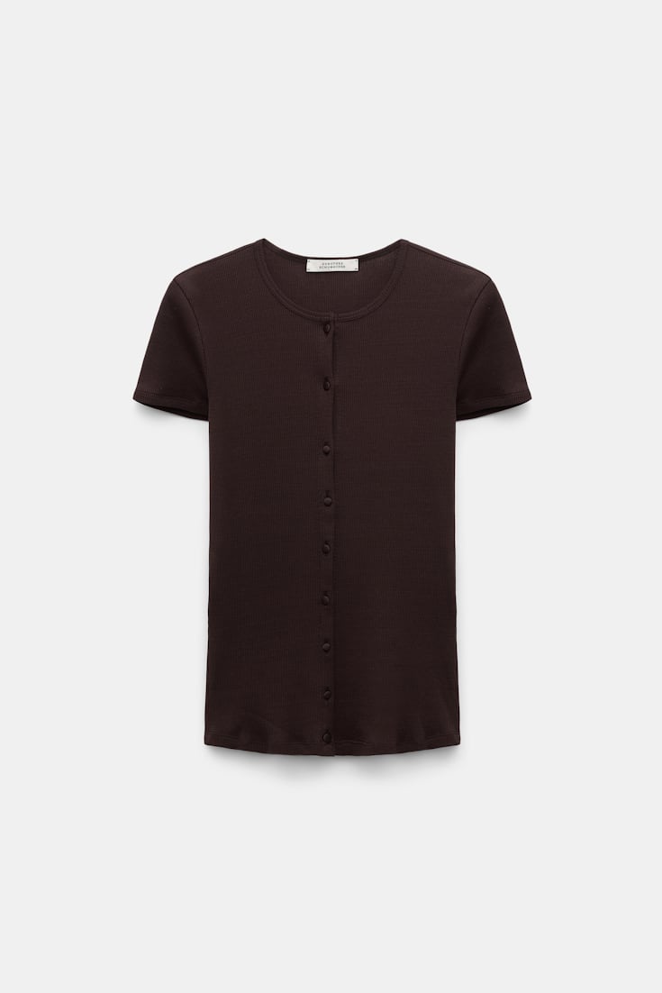 Dorothee Schumacher Button-down top in luxurious rib knit chocolate