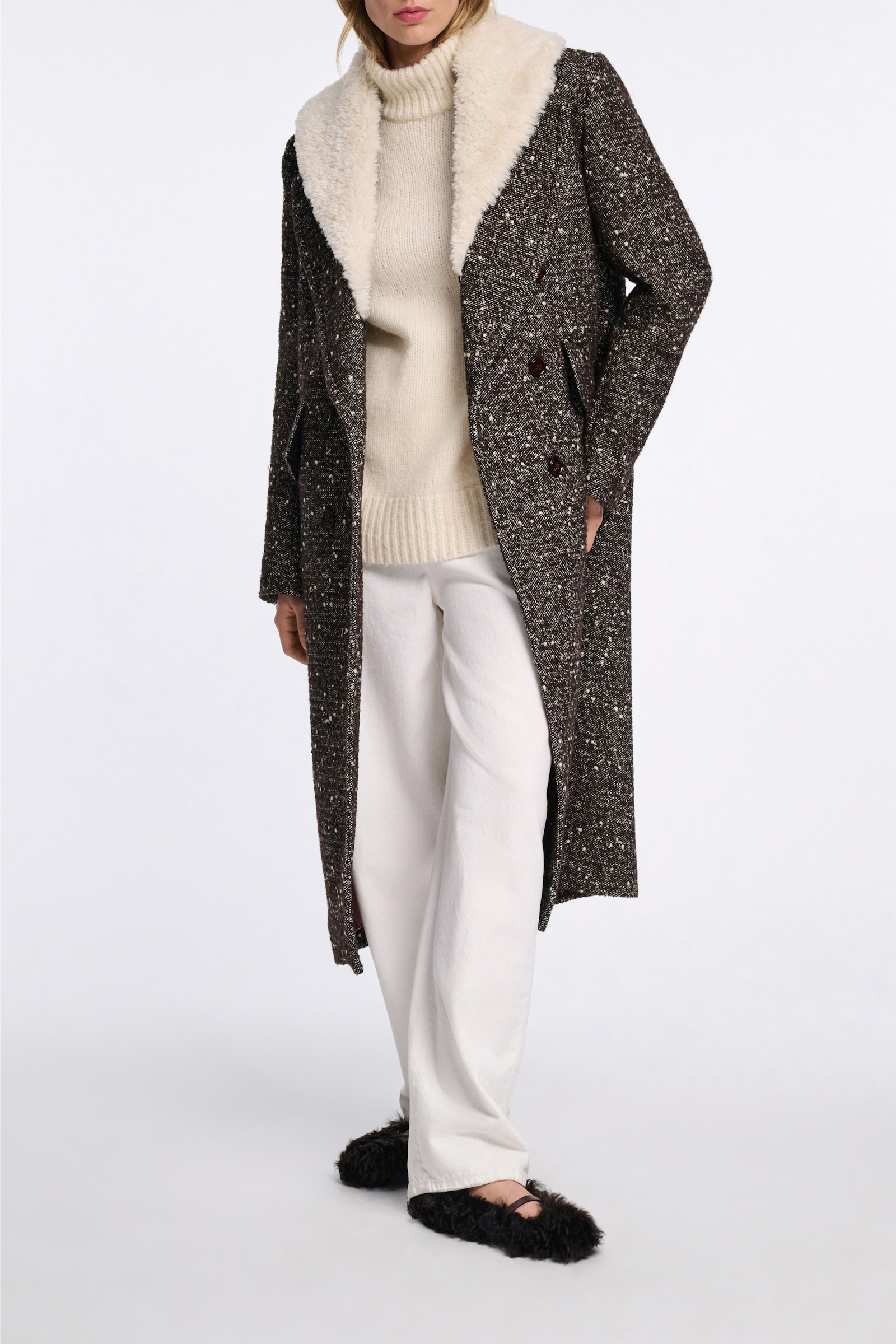 Dorothee Schumacher Mantel mit abnehmbarem Fake Fur Kragen chocolate tweed