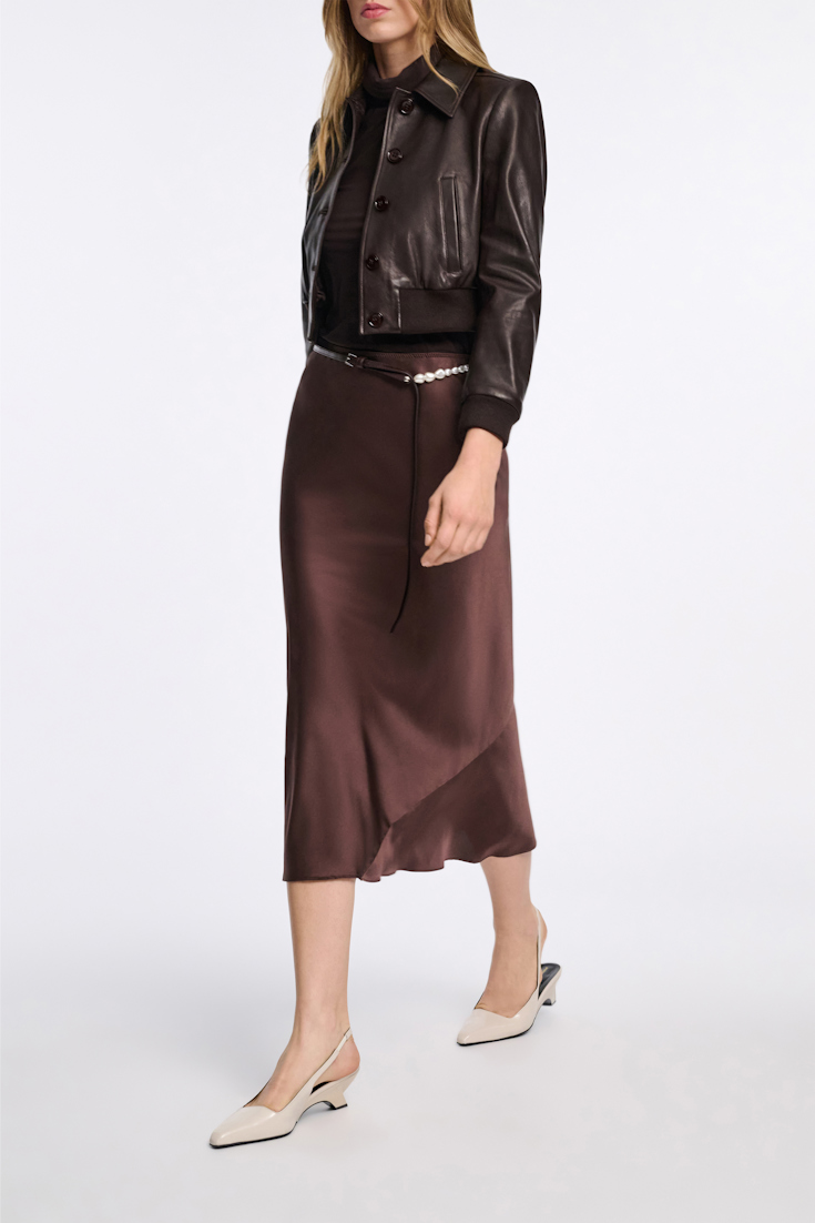 Dorothee Schumacher Bias cut midi-skirt in silk satin chocolate