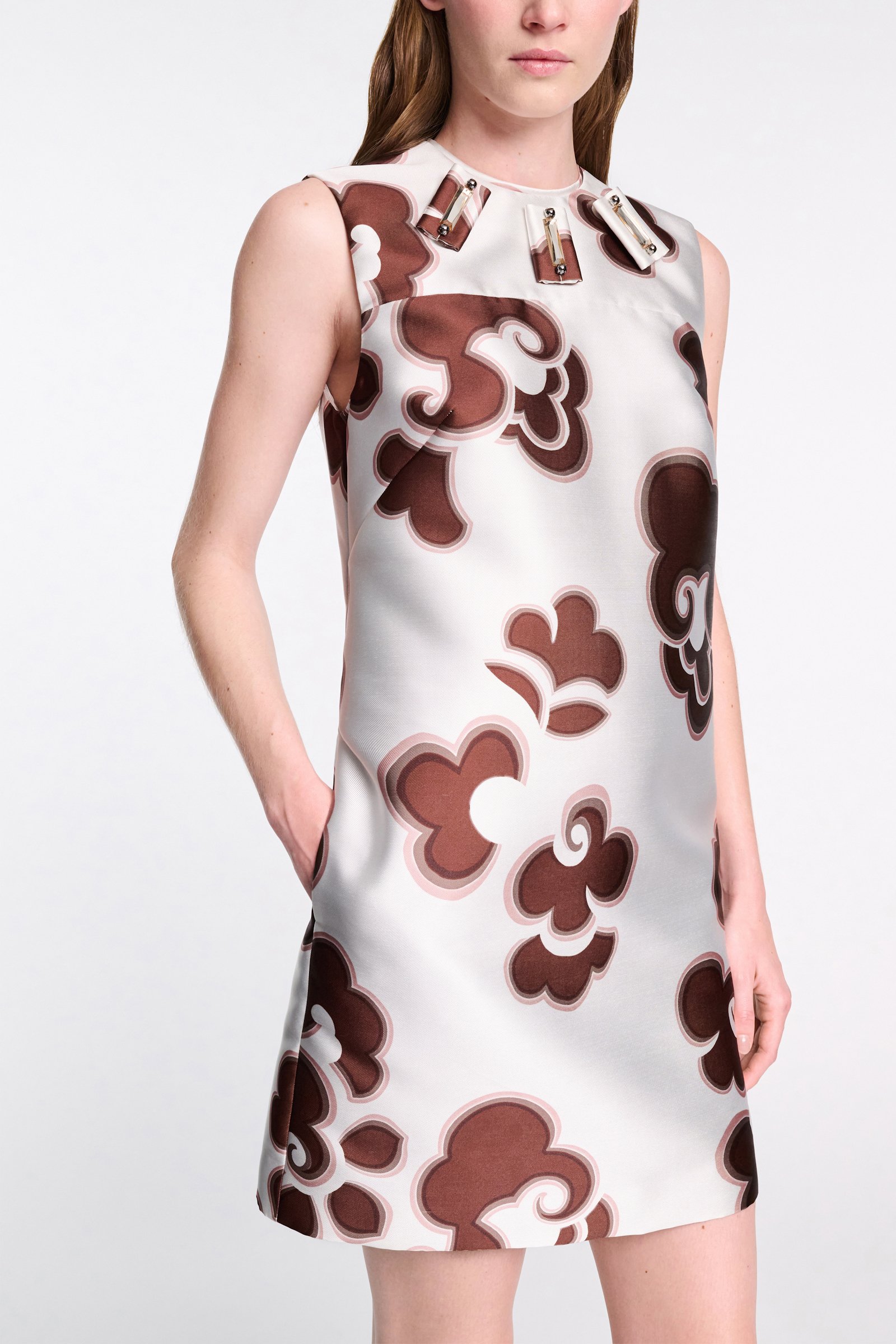 Dorothee Schumacher Embellished shift dress in printed duchesse twill offwhite chocolate