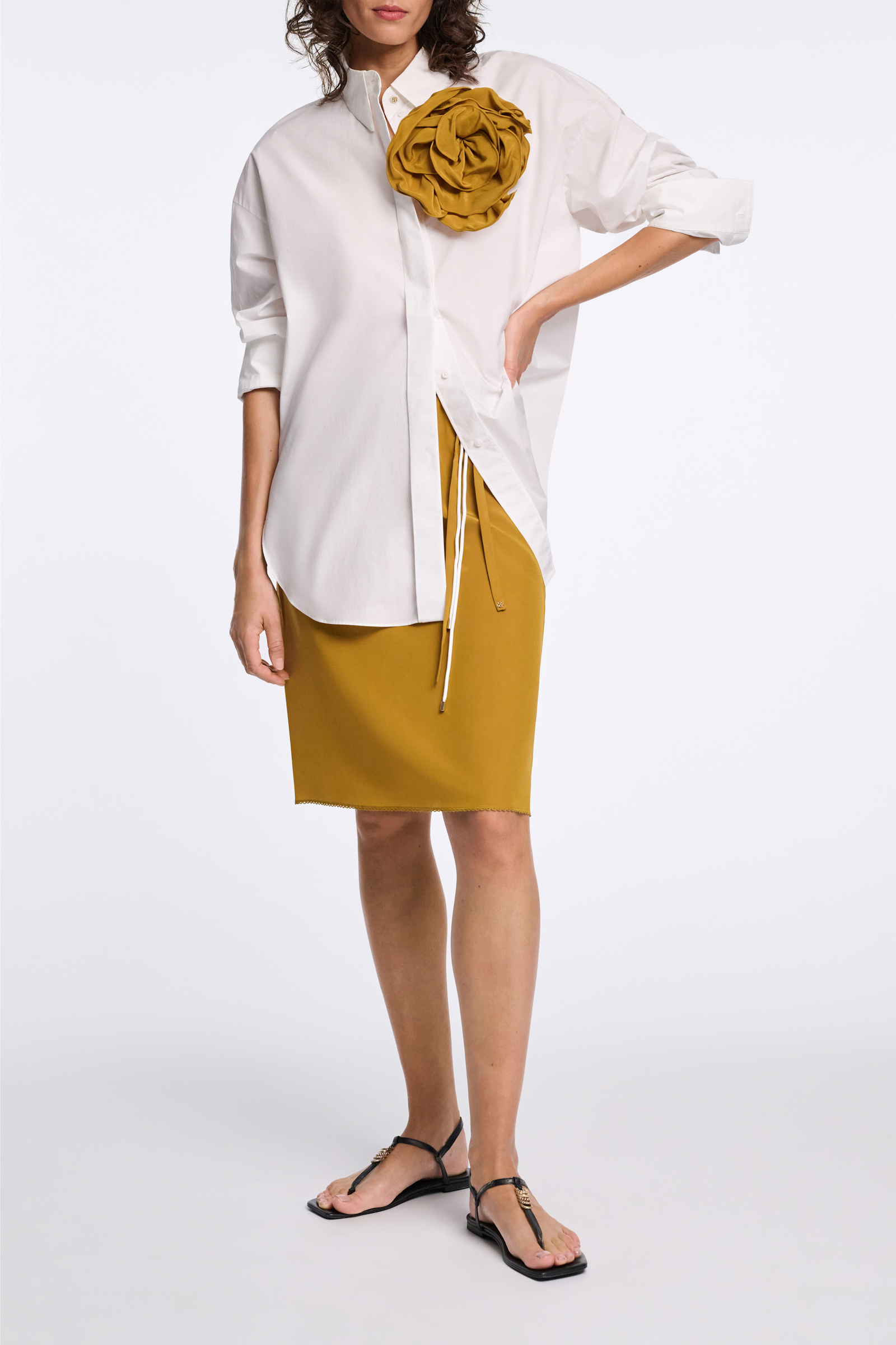 Dorothee Schumacher Silk skirt with XL flower brooch curry