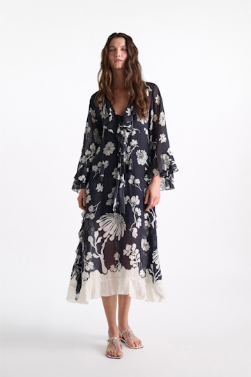 Dorothee Schumacher Crinkle ramie signature print maxi dress navy shell