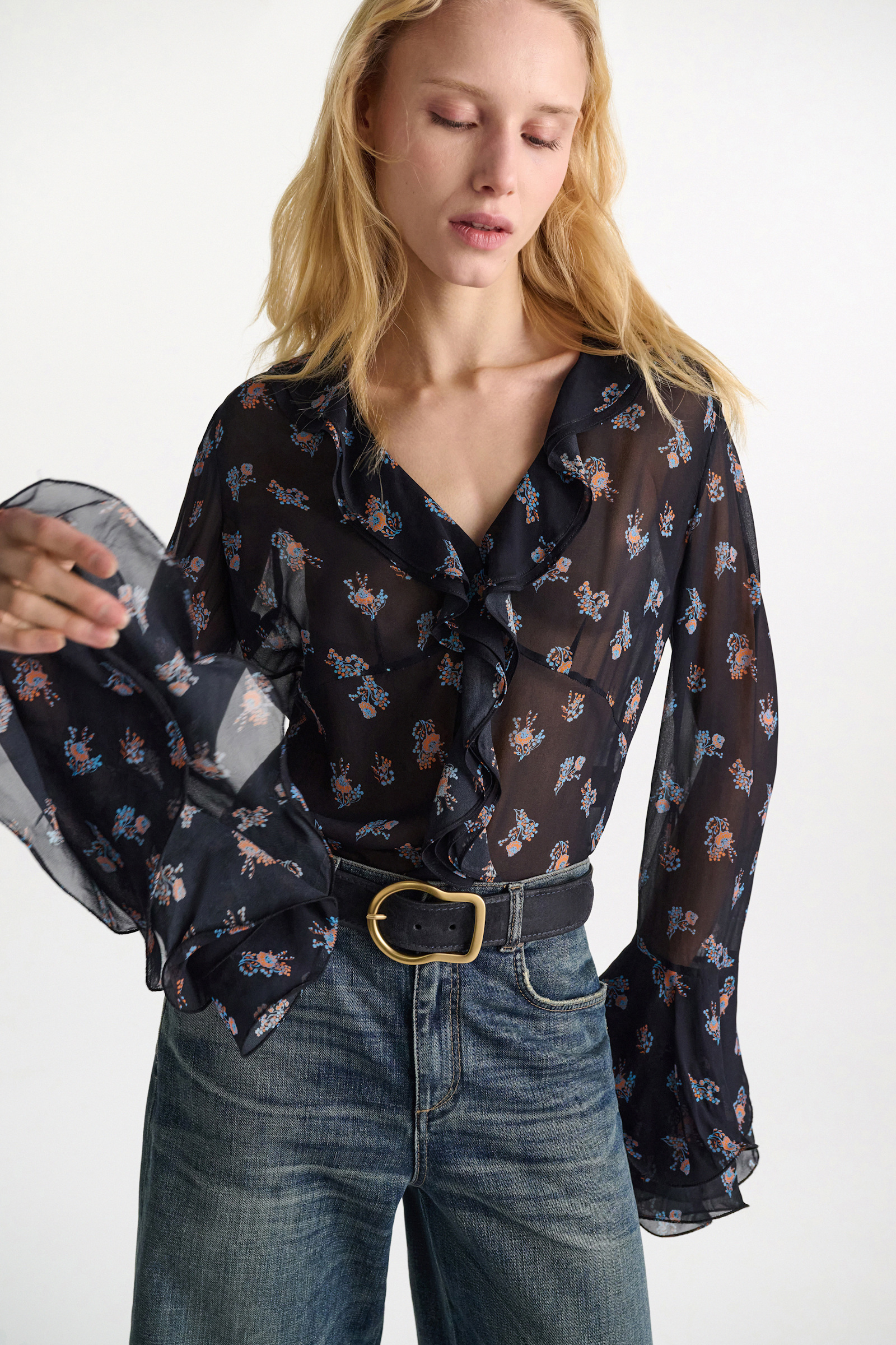 Dorothee Schumacher T-Blouse mit Volant-Details aus bedrucktem Georgette Little Daydream navy orange