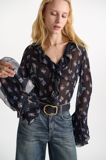 Dorothee Schumacher Printed georgette blouse with ruffle cuffs Little Daydream navy orange