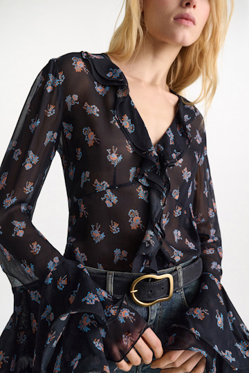 Dorothee Schumacher Printed georgette blouse with ruffle cuffs Little Daydream navy orange