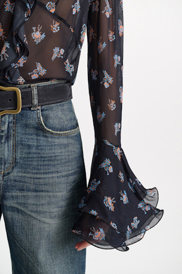Dorothee Schumacher Printed georgette blouse with ruffle cuffs Little Daydream navy orange