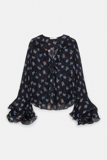 Dorothee Schumacher T-Blouse mit Volant-Details aus bedrucktem Georgette Little Daydream navy orange