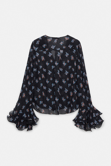 Dorothee Schumacher Printed georgette blouse with ruffle cuffs Little Daydream navy orange