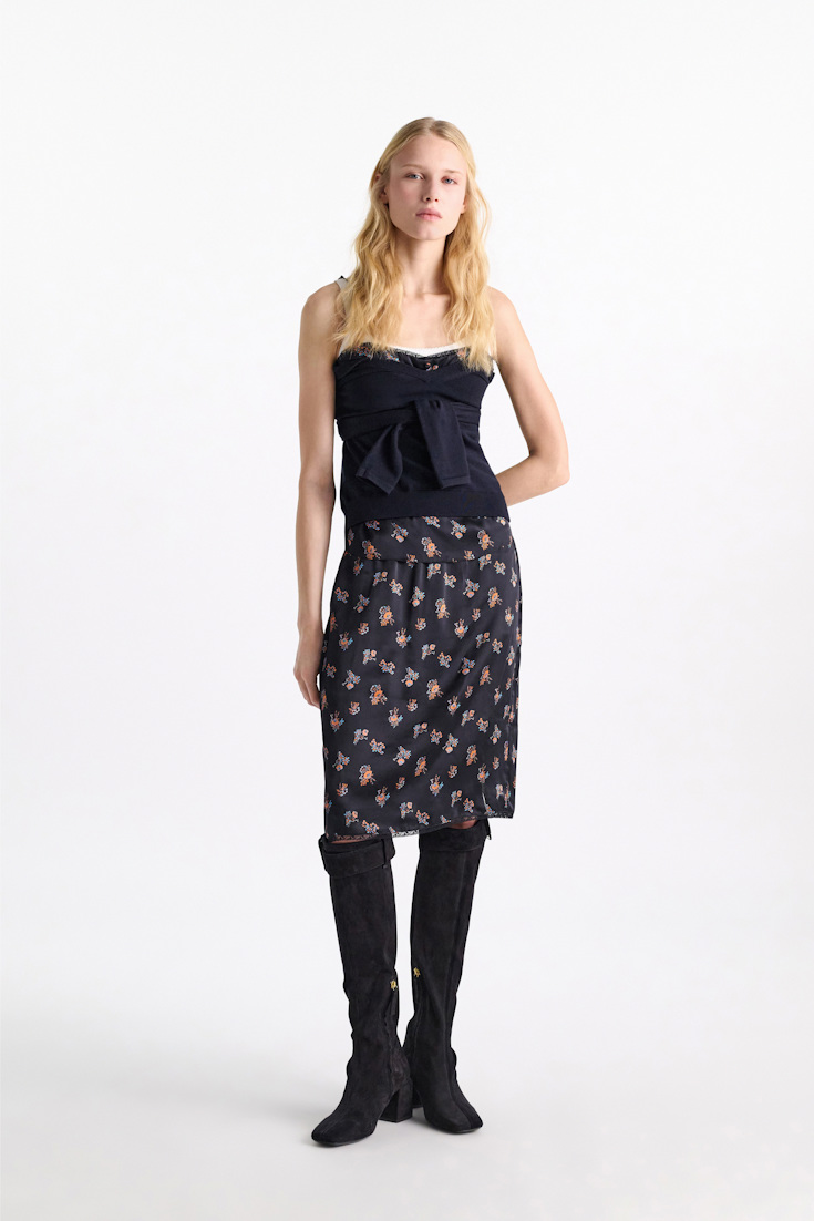 Dorothee Schumacher Lingerie-Rock aus bedrucktem Seidensatin Little Daydream navy orange