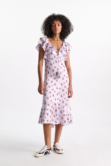 Dorothee Schumacher Sleeveless midi-dress in printed silk satin little daydream lilac