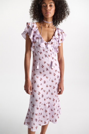 Dorothee Schumacher Sleeveless midi-dress in printed silk satin little daydream lilac