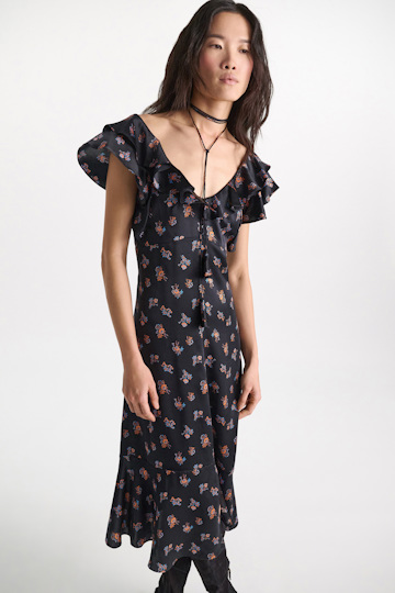 Dorothee Schumacher Sleeveless midi-dress in printed silk satin Little Daydream navy orange