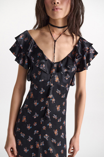 Dorothee Schumacher Sleeveless midi-dress in printed silk satin Little Daydream navy orange
