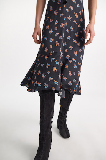Dorothee Schumacher Sleeveless midi-dress in printed silk satin Little Daydream navy orange