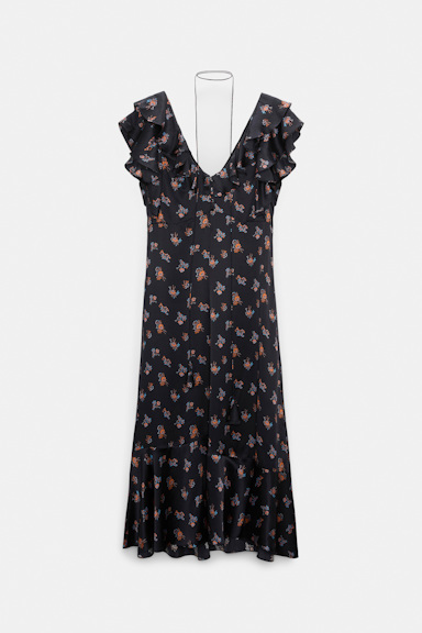 Dorothee Schumacher Sleeveless midi-dress in printed silk satin Little Daydream navy orange