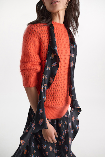 Dorothee Schumacher Silk-satin signature print flounce scarf Little Daydream navy orange