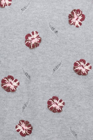 Dorothee Schumacher Kurzärmeliges, besticktes Oberteil aus Merino und Kaschmir grey blooming bordeaux