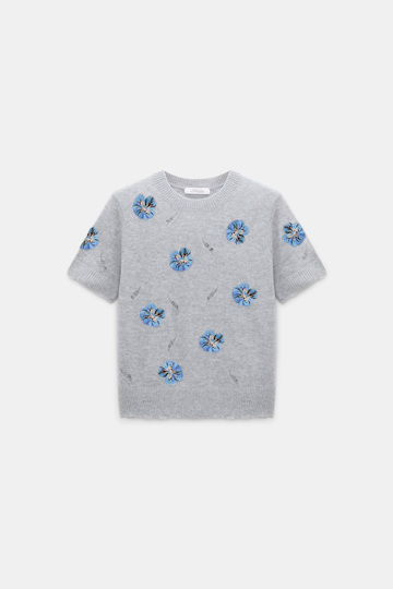 Dorothee Schumacher Kurzärmeliges, besticktes Oberteil aus Merino und Kaschmir grey blooming blue