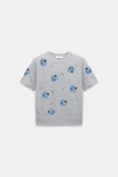 Dorothee Schumacher Embellished Merino-cashmere top grey blooming blue